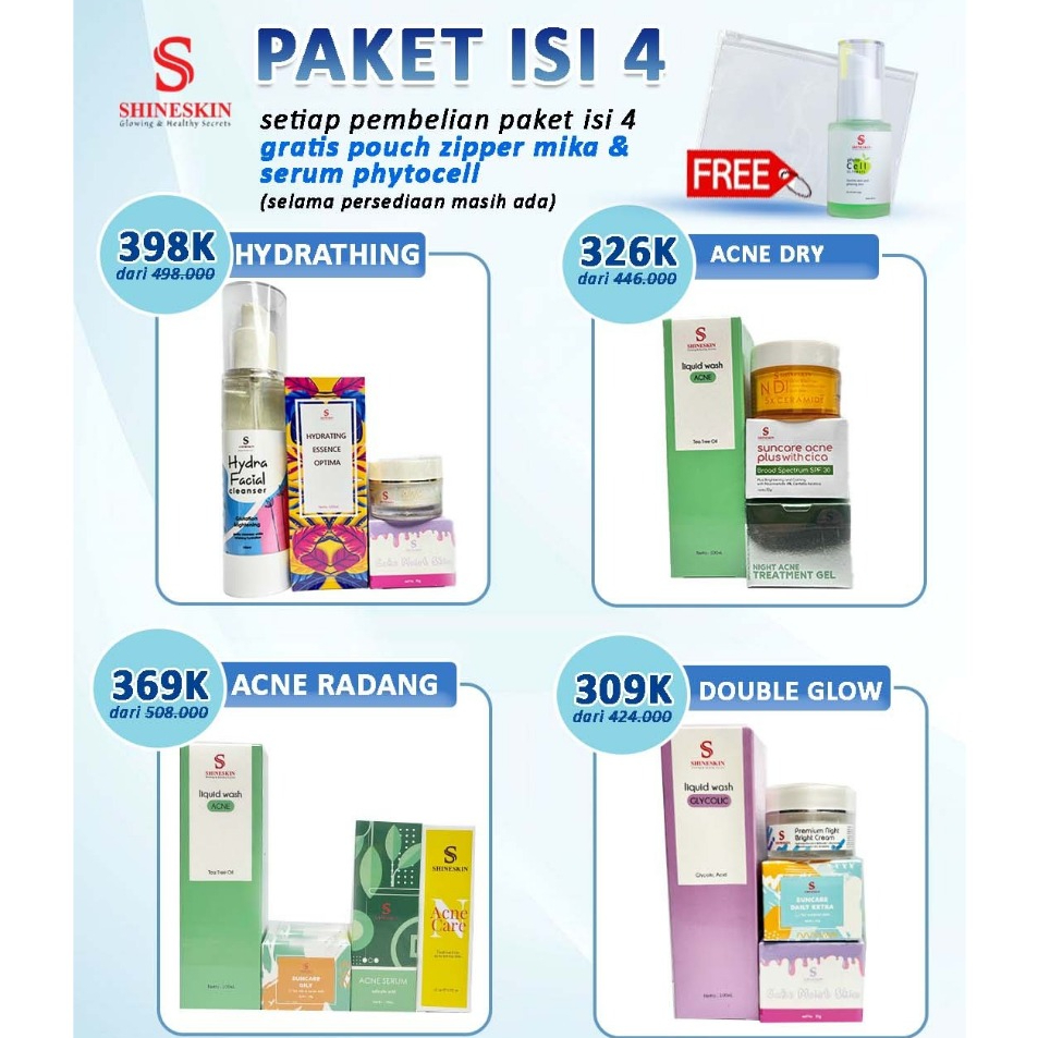 Paket isi 4 Shineskin (hydrating, acne dry, acne radang, doble glow)
