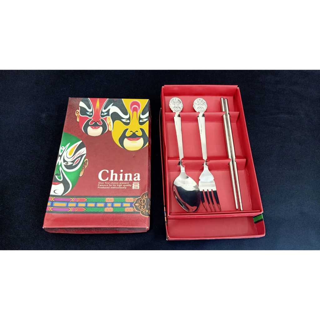 Sendok Garpu Sumpit Set Stainless Premium Souvenir / Set Sendok Garpu Sumpit Stainlees / Souvenir Pe