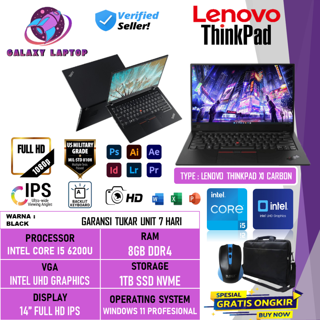 PROMO Laptop Lenovo Thinkpad X1 Carbon Intel i7 7600U 16GB 1TB SSD 14 Inch FHD Win 11 Profesional