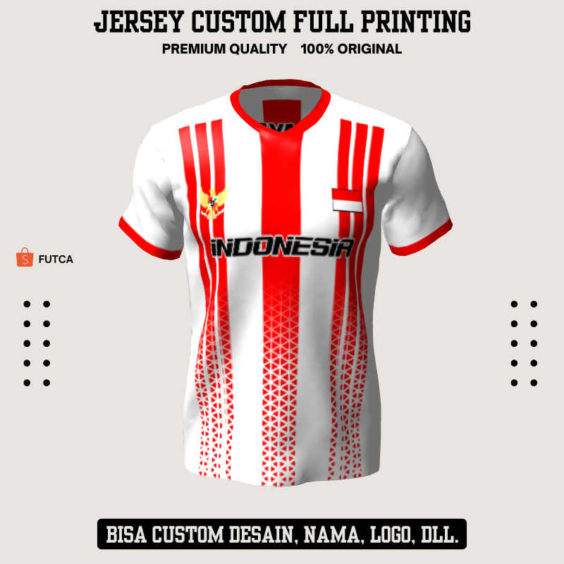 Kaos Jersey Futsal Putih Merah Motif Garis Geometris 363 - Jersey Baju Olahraga Full Printing