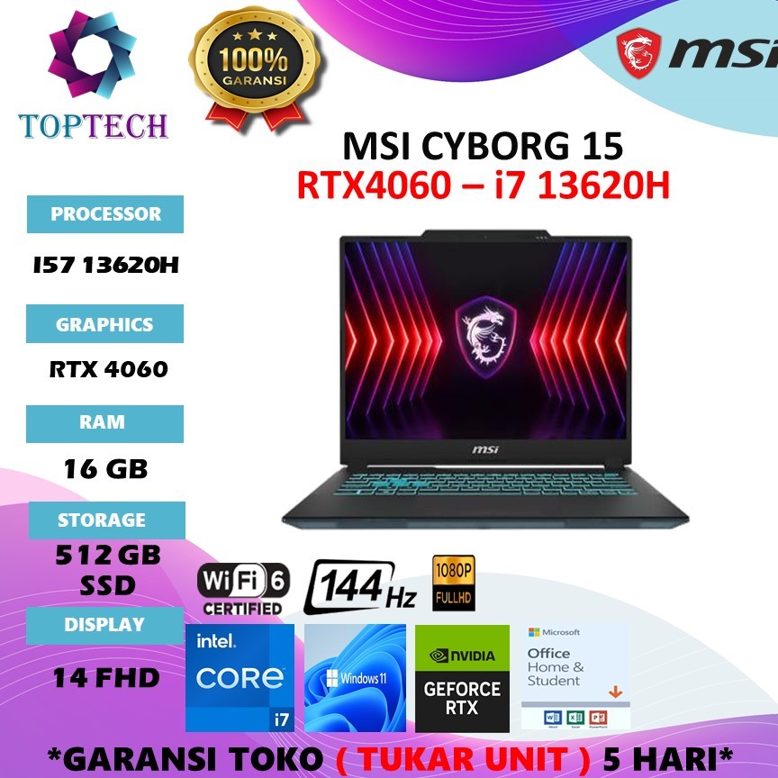 MSI CYBORG 14 I7 13620H RTX4060 8GB/ 16GB 512GB W11+OHS 14.0FHD+ 144HZ 100SRGB BLIT BLK -A13VF.025