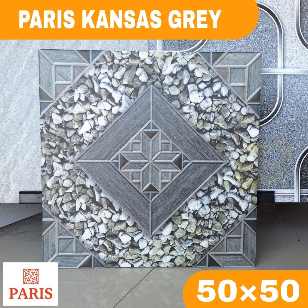 Keramik lantai 50×50 murah PARIS kansas grey motif batu alam keramik lantai garasi, carport