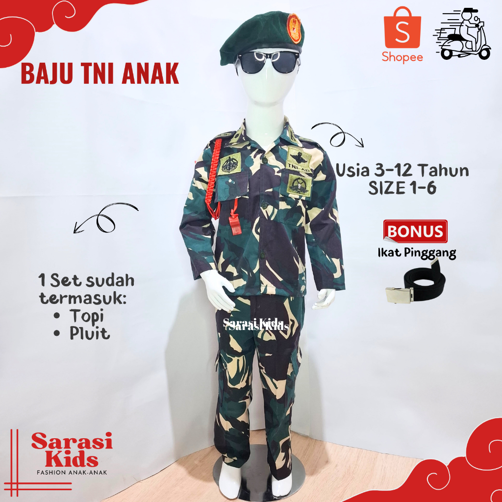 Sarasi - Baju Profesi Anak -  Baju Tentara Loreng Seragam TNI Anak Baju TNI AD Anak TK Kostum TNI