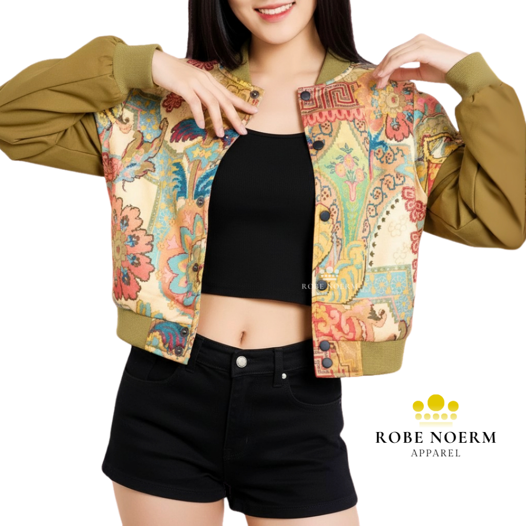 ROBENOERM Jaket Crop Motif Batik | Jaket Bomber Wanita Premium