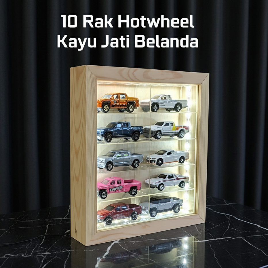 Rak Hotwheel 10 Mobil Premium kayu solid dan akrilik