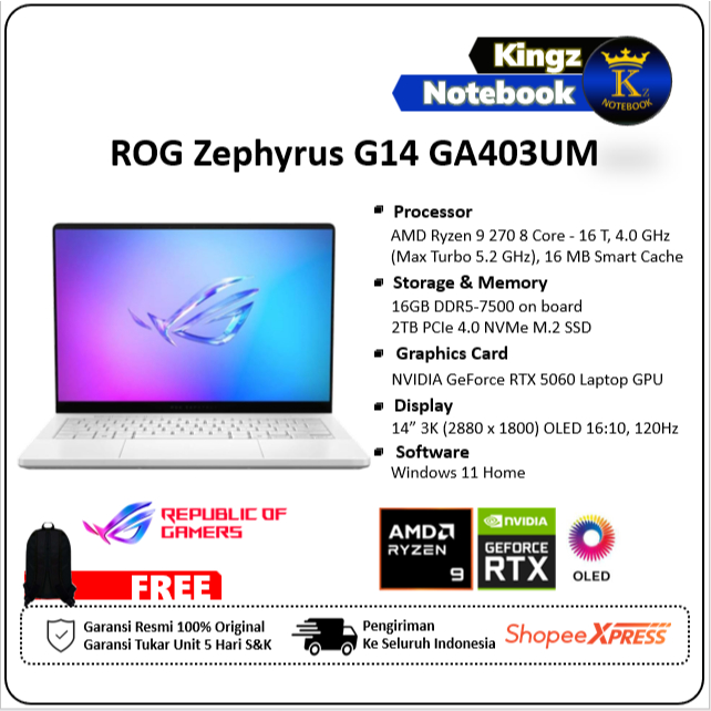 ASUS ROG Zephyrus G14 GA403UM RTX5060 Ryzen 9 270 16GB 2TB SSD Win11 14" 3K OLED 120Hz
