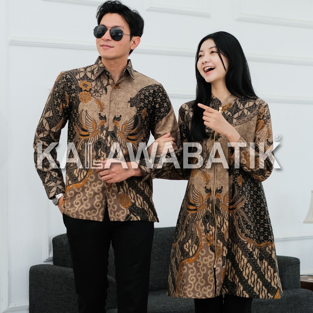 KALAWABATIK-Batik Pria Lengan Panjang-Tunik Wanita-Batik Pasangan-Motif Jayantaka Warna Hijau Army -