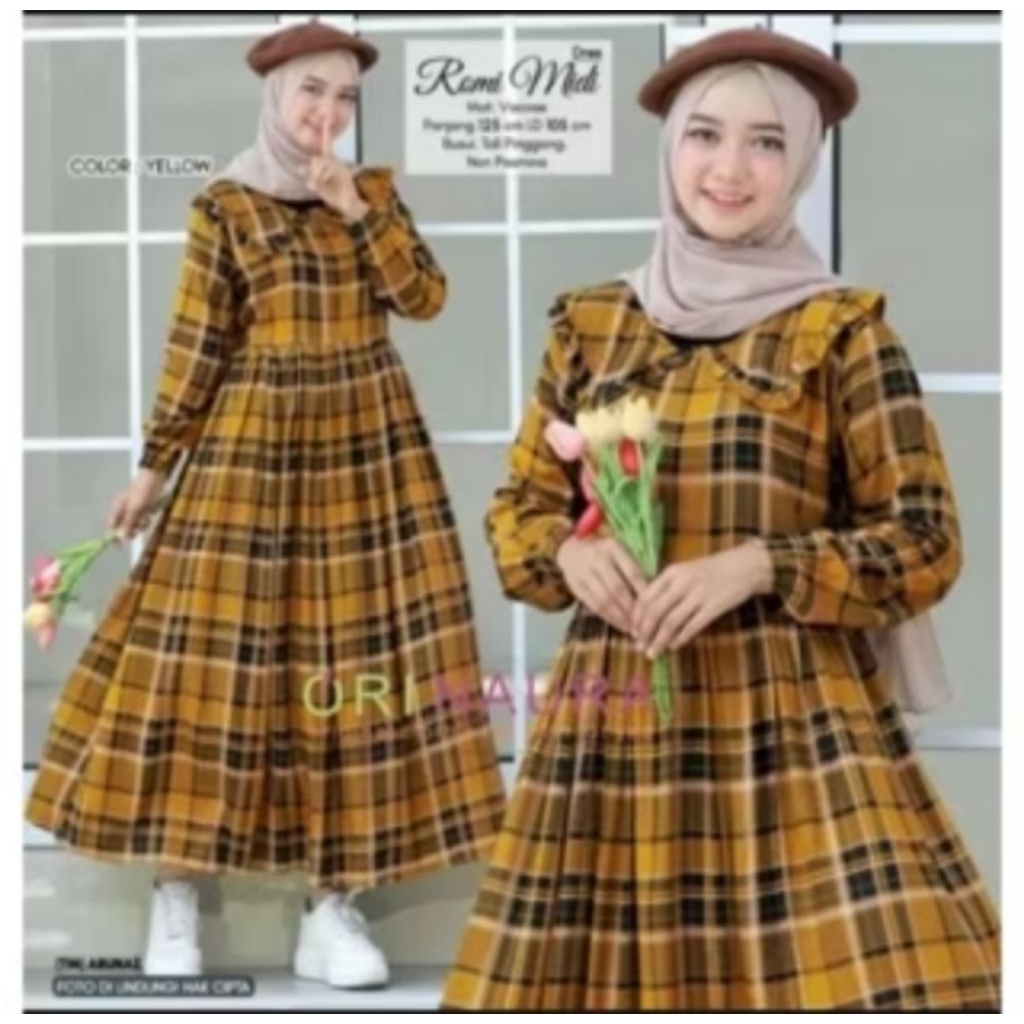 Midi dress terbaru /Dress motif kotak kotak /Pakaian wanita bahan katun rayon