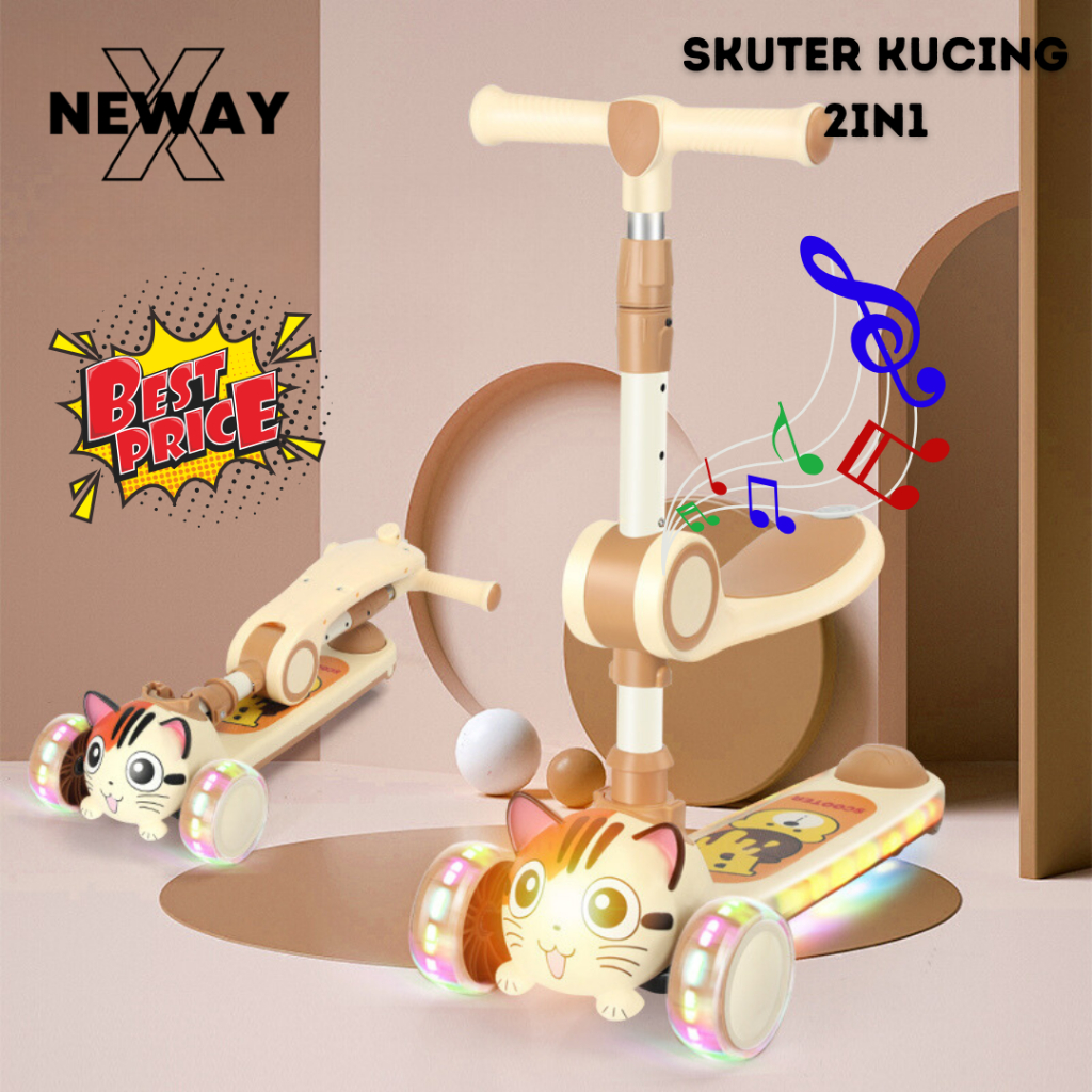 NewayX Skuter Mainan Anak Kucing 2 in 1 Scooter Lipat 2in1 Duduk Roda Tiga Musik Lampu Harimau