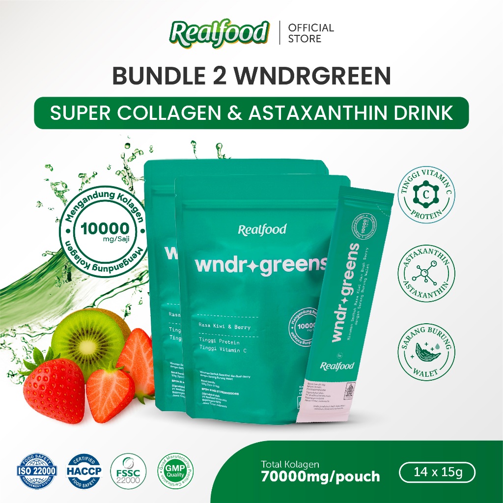 Realfood WNDRGREENS Double Pouch Super 10,000mg Collagen Bird’s Nest Drink I Minuman Collagen dengan