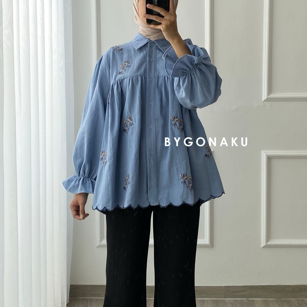 [GONAKU] Vonny Embroidery Basic Shirt | Busui Friendly | Bigsize Oversized Shirt | Kemeja Linen Wani