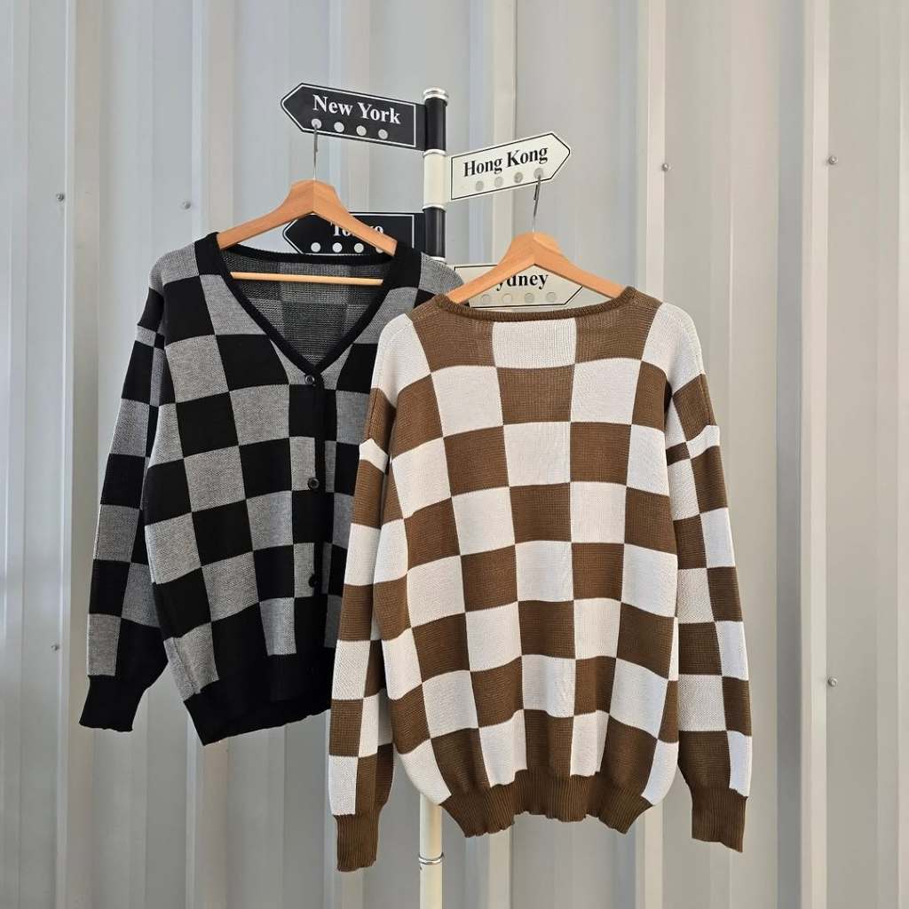 Kiukiu Jeno Catur Outher - Kardigan Rajut Outer - Baju Kardigan - Outer Rajut Couple Motif Kotak Kot