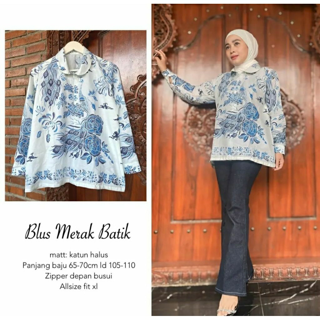 baju batik kantor wanita blouse motif merak warna putih biru