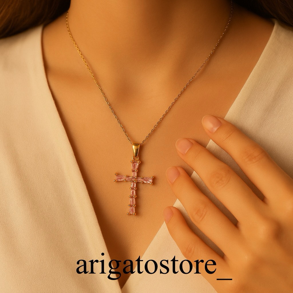 Kalung Salib Permata Wanita Titanium Asli Gaya Korea Anti Karat  Anti Pudar Anti Luntur Silver Roseg