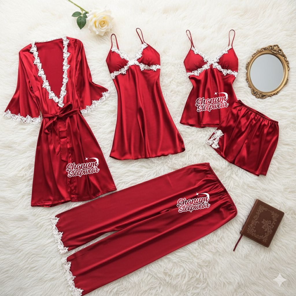 SHANUM - Piyama 5in1 Wanita Satin Merah Premium Import Baju Tidur Tanpa Cup