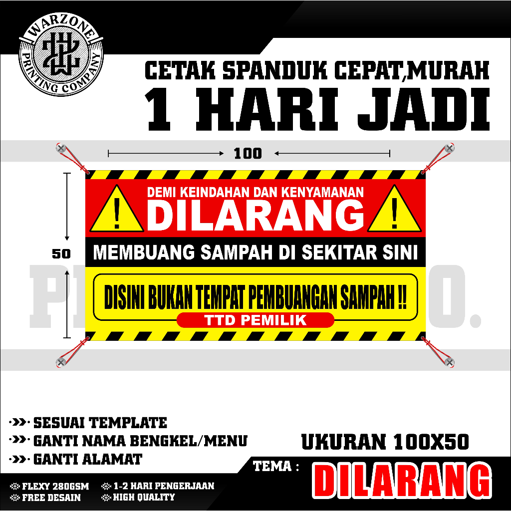 SPANDUK DILARANG BUANG SAMPAH 100X50 / 200X100, SPANDUK BANNER BUANG SAMPAH