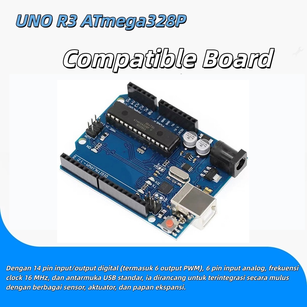 UNO R3 ATmega328P Compatible Board 16 MHz 6 Input Analog Dengan Kabel USB—Original Logo Cocok Untuk 