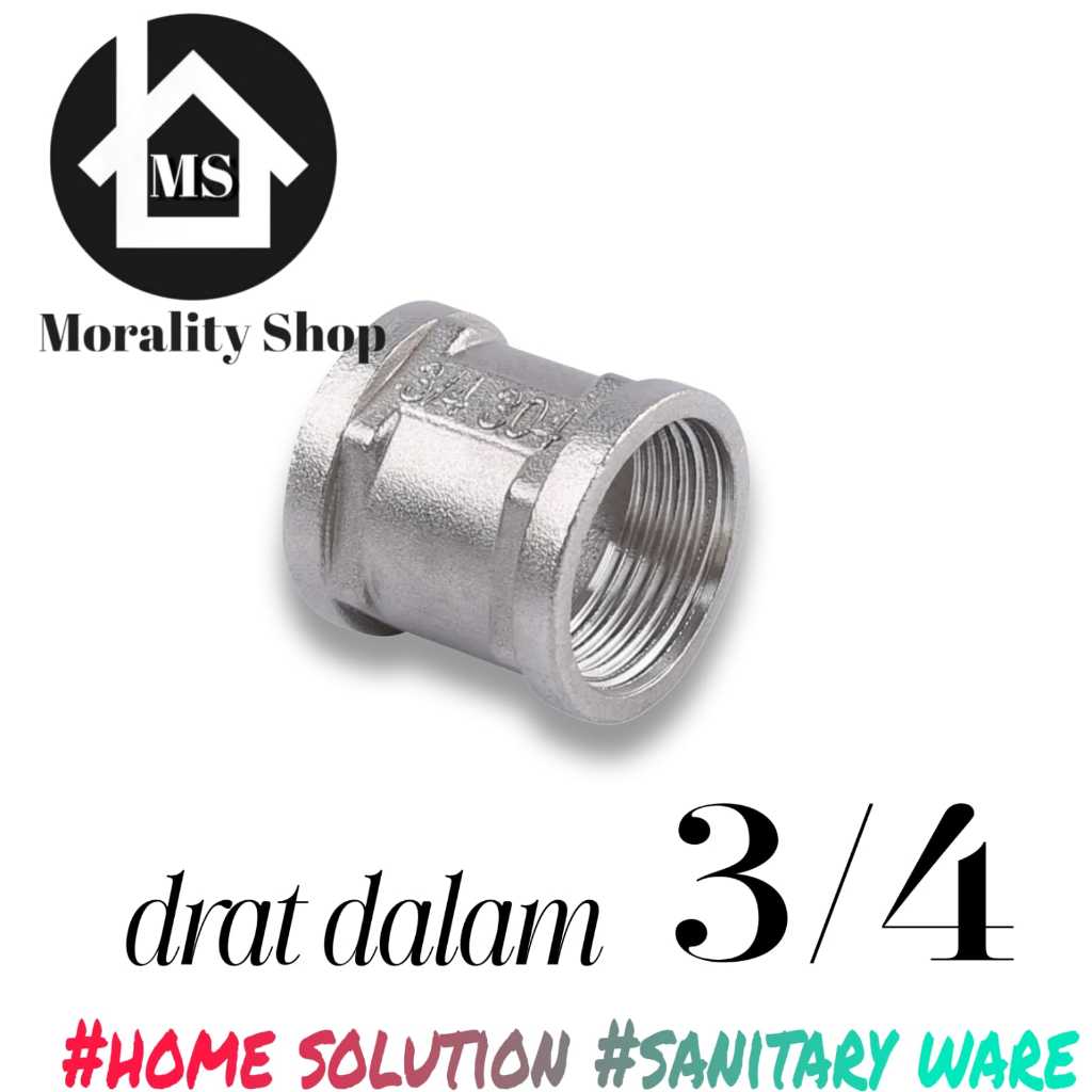 spare part konektor pipa kran air fitting stainless double sok drat dalam 3/4 sambungan shower 504S