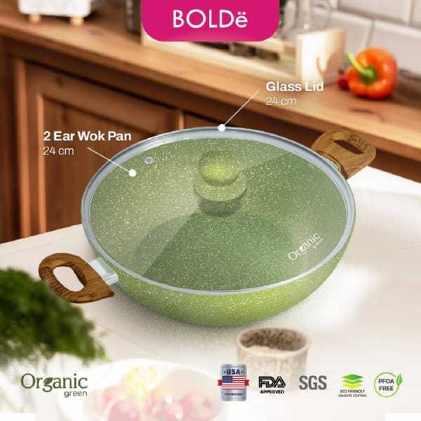 BOLDe ORGANIC GREEN 2 EAR WOK PAN 24CM Panci Wajan Granite Ceramic Tutup Kaca Anti Lengket Induksi