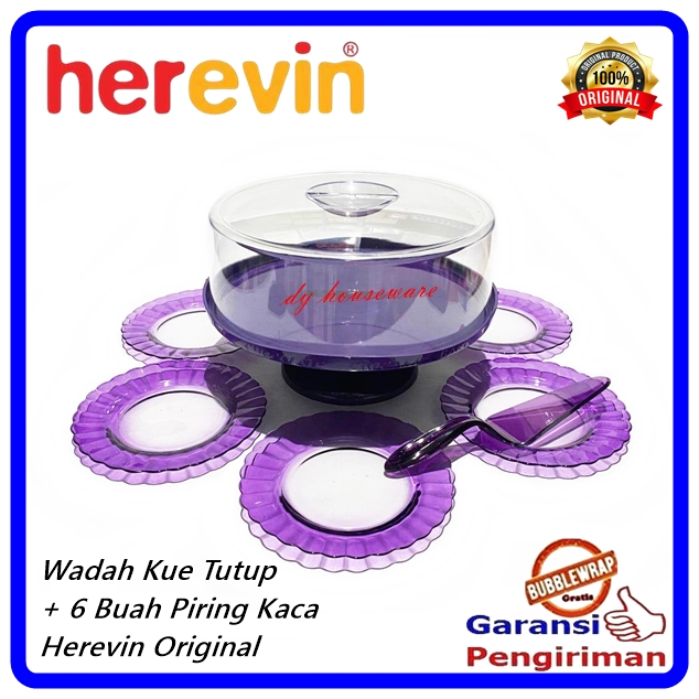 Wadah Kue Bolu Tutup Transparan + Piring Kaca 6Pcs Dengan Sendok Kue Cake Tray Herevin Made In Turke