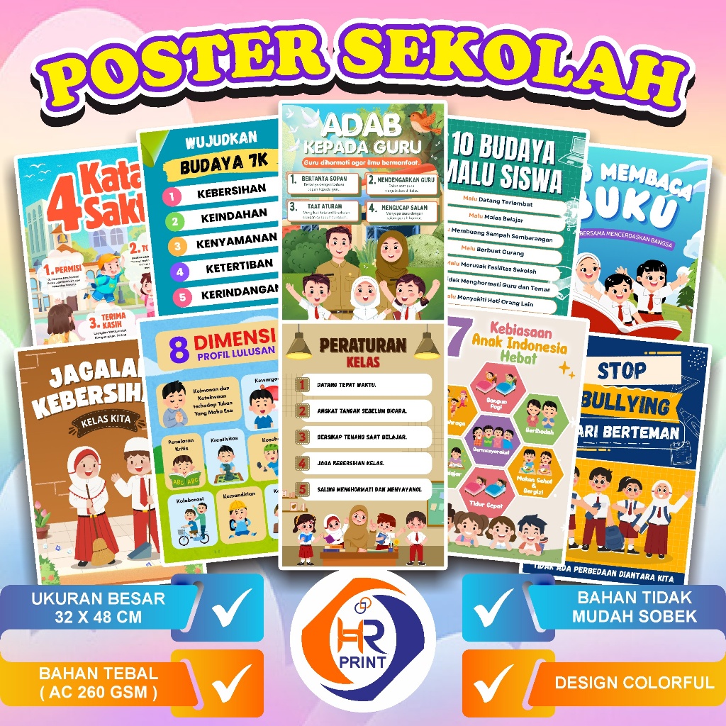 Poster Peraturan Kelas || Poster Stop Bullying || Poster Edukasi Anak || Poster 7 Kebiasaan Anak Heb