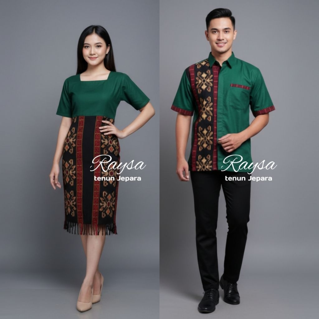 COUPLE  DRESS TENUN DAN KEMEJA TENUN KOMBINASI KATUN TOYOBO WARNA HIJAU BOTOL