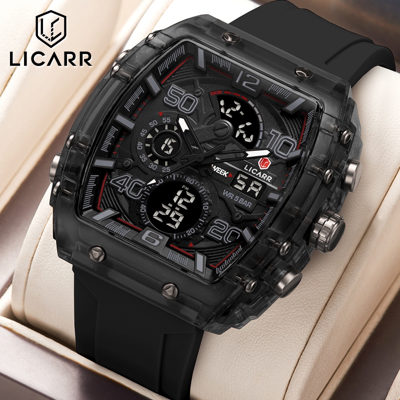 LICARR Merek Jam Tangan Pria Karet Kuarsa Analog-Digital Multifungsi Tahan Air Jam Tangan Cowok Kale