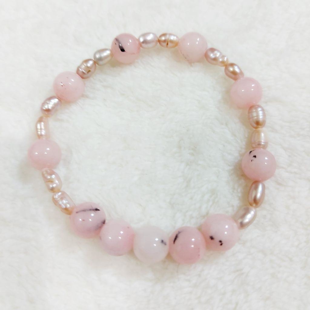 The Rosary - Gelang Karet Handmade Pink Opal mix Mutiara Air Tawar