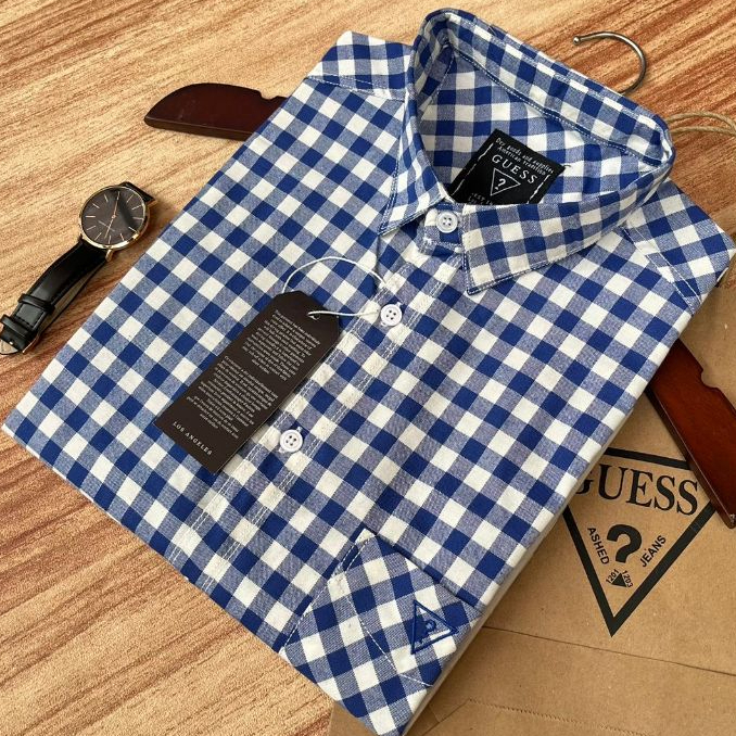 Kemeja Pria Lengan Pendek GUESS Original | Kemeja Pria Lengan Pendek Motif Kotak Kotak Terbaru