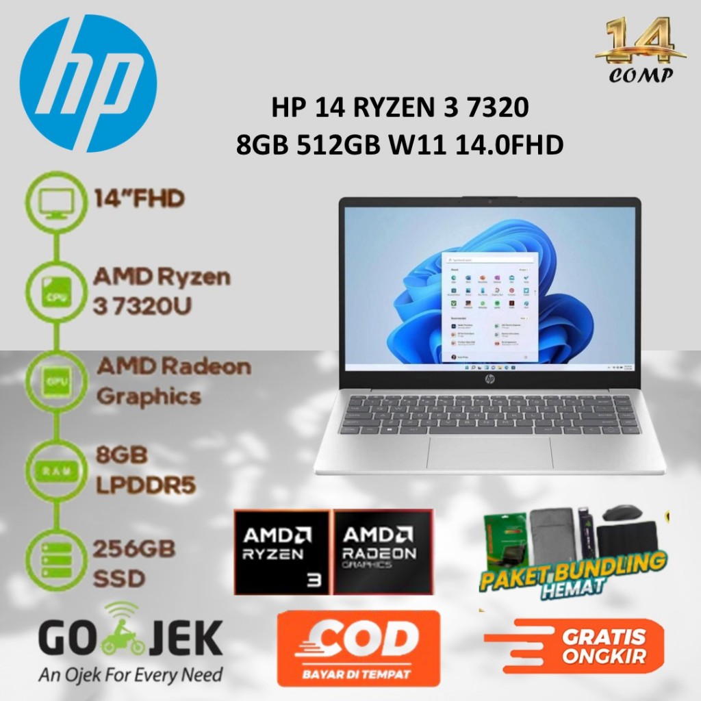 HP 14 Ryzen 3 7320U 8Gb 256Gb 14" FHD