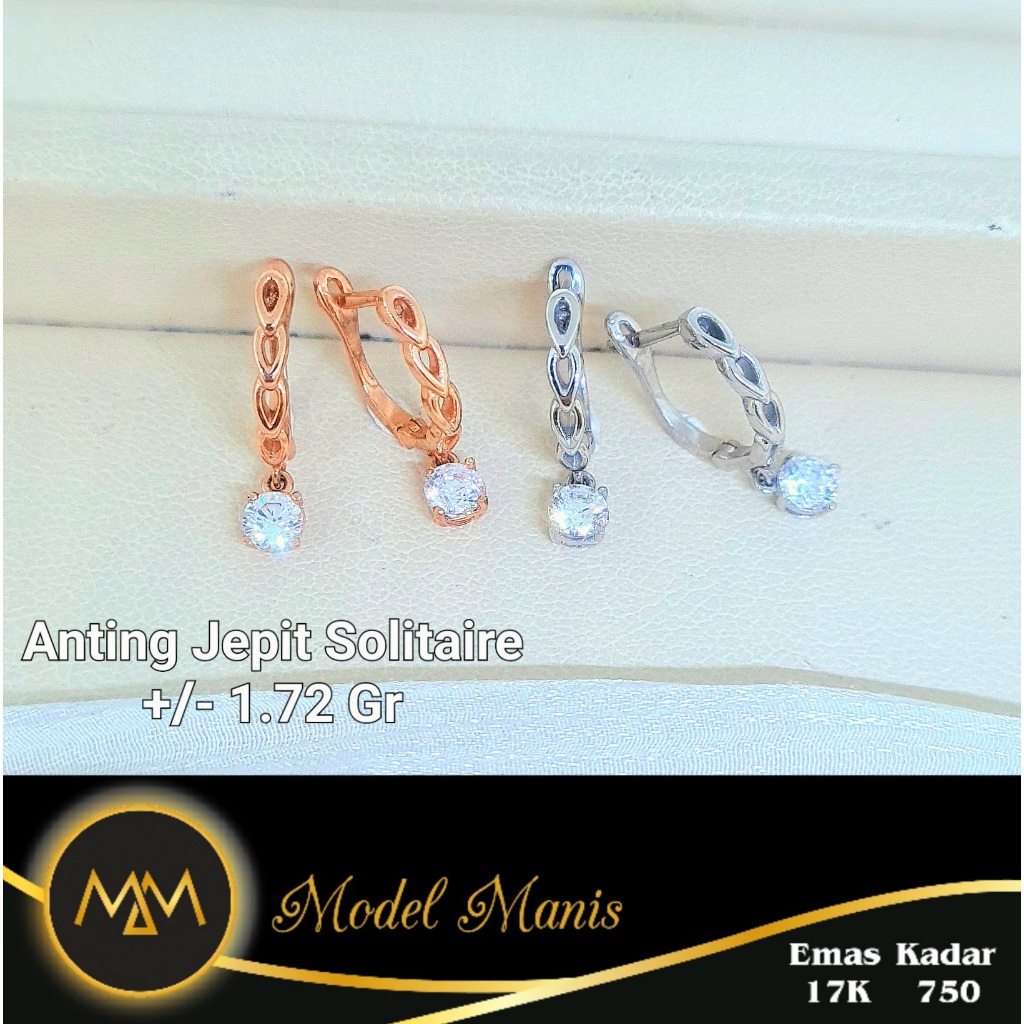 Model Manis Gold - Anting Jepit Rantai Solitaire Putih Rosegold - Emas 17k 750