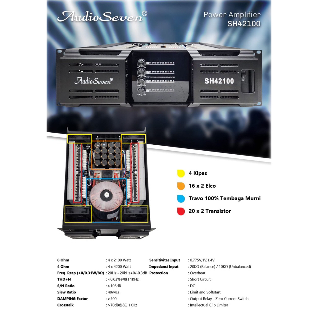 Power amplifier 4 chanel AUDIO SEVEN SH42100 | SH 42100 Original 4 x 2100 watt