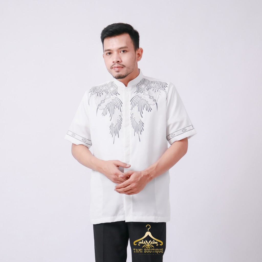 Baju Koko Busana Muslim Pria Dewasa Tangan Pendek Motif Bordir Polikatun Premium Semi Sutra Bintik