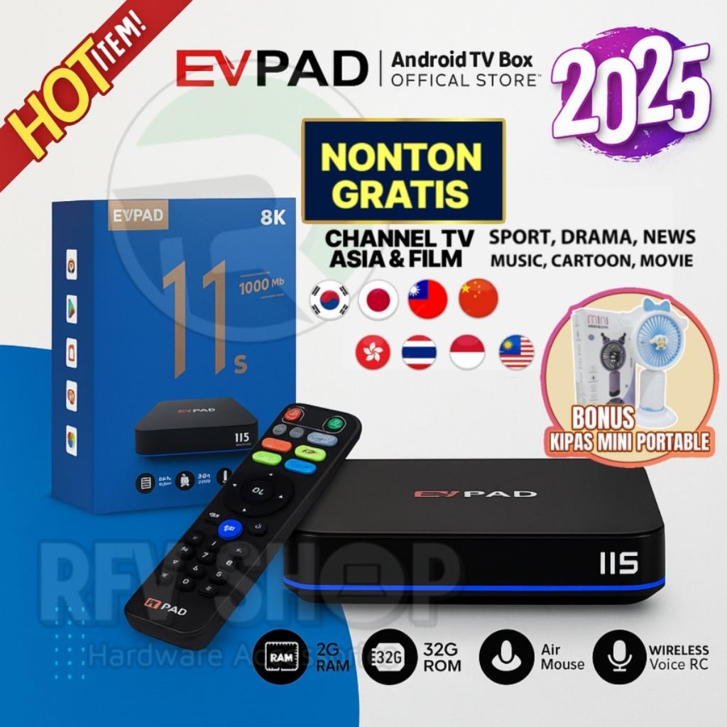 EVPAD 11S Smart TV Box Android 2GB+32GB wifi6 BT 5.0 Nonton gratis siaran TV asia , Eropa , USA , Sp