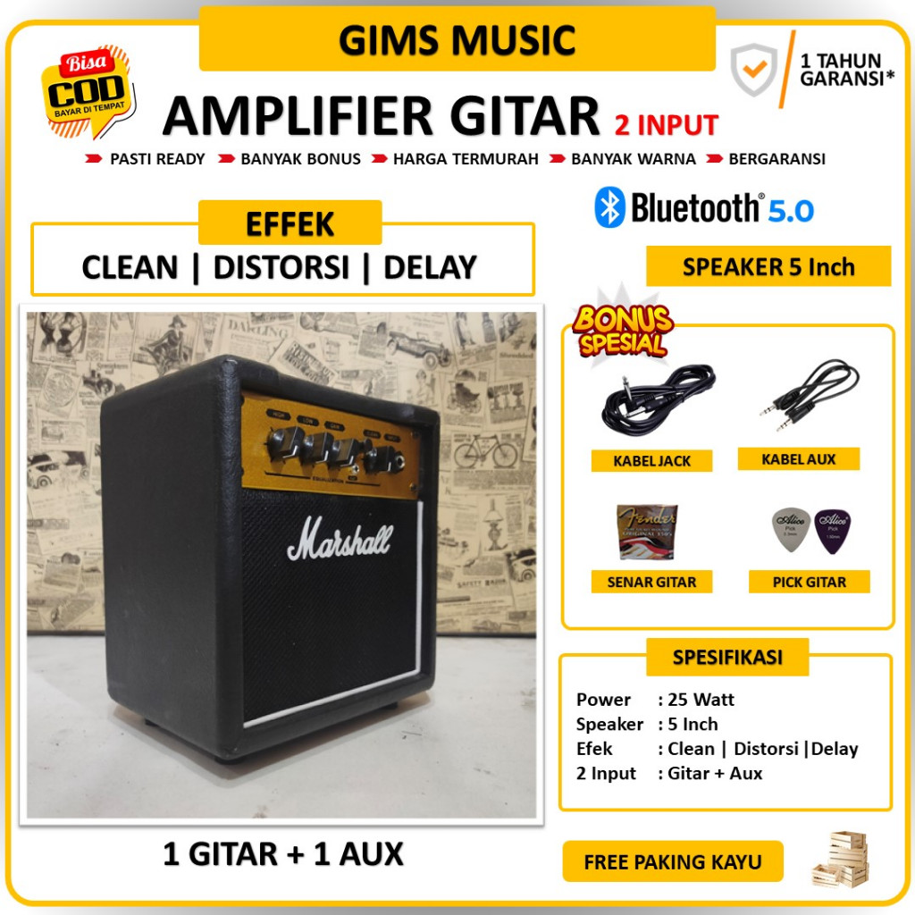Ampli Gitar & Bass Bluetooth 2 Input 5 Inch Bonus Kabel Jack & Senar Gitar & Pick Gitar & Kabel Aux