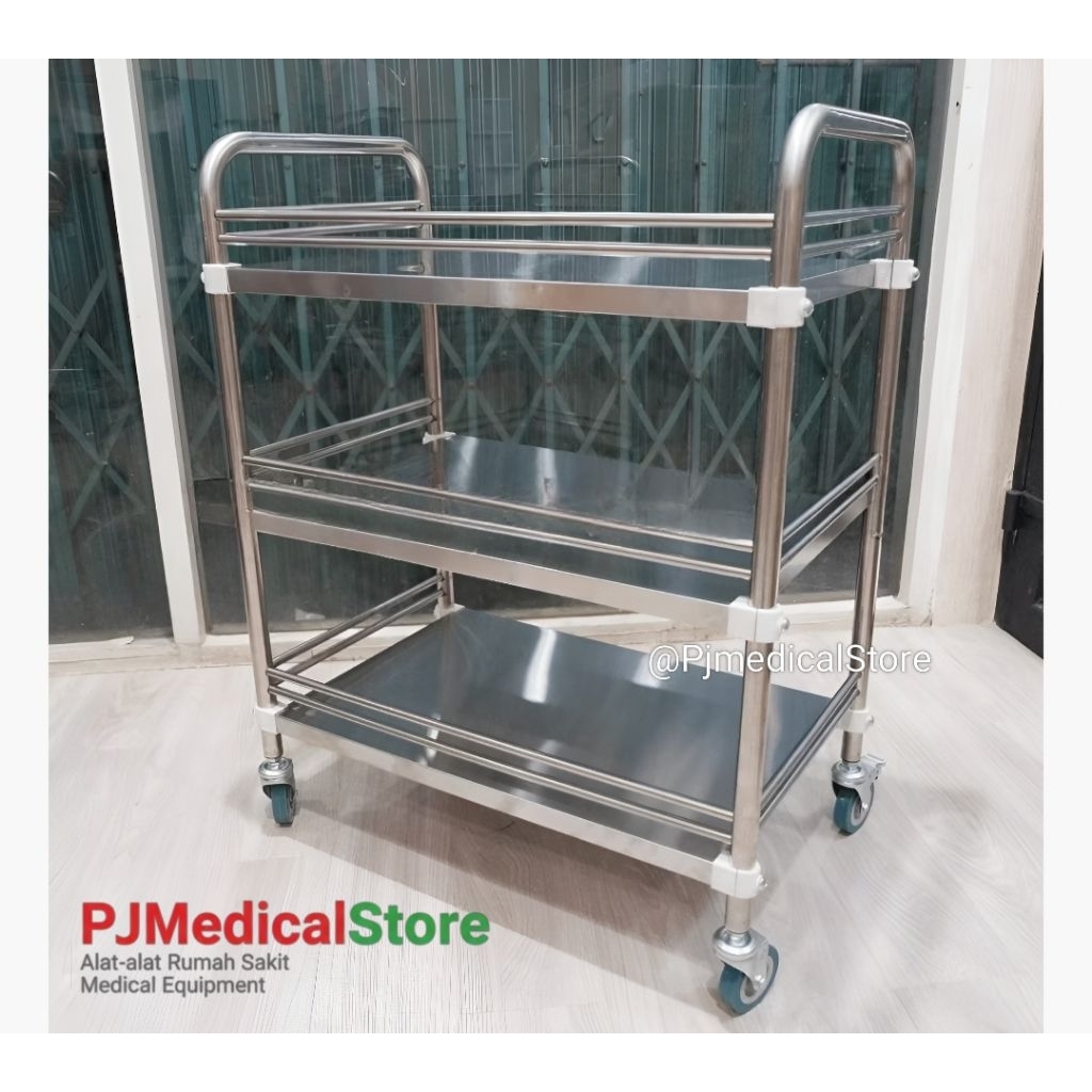 Trolley instrumen 3 rak susun stainless / meja instrumen / troli stainless / meja stainless / troli 