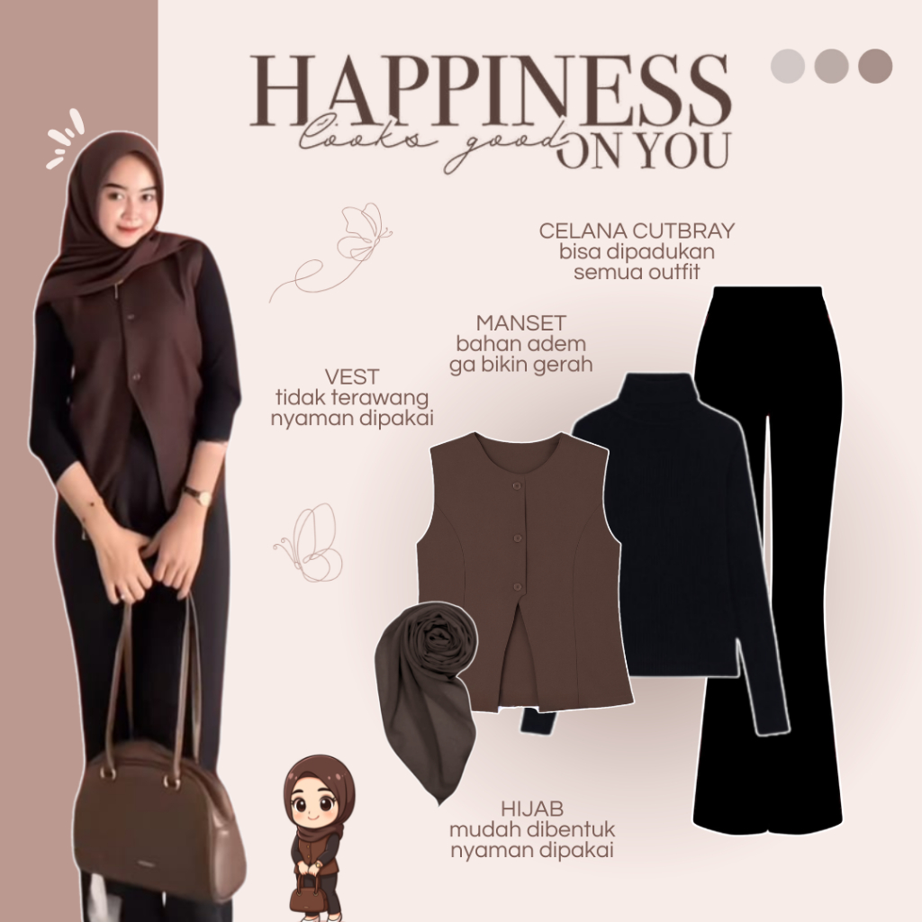 Satu Set Outfit Wanita | Vest Jisoo + Manset + Cutbray + Hijab | Setelan Cewek One Set - AM158N