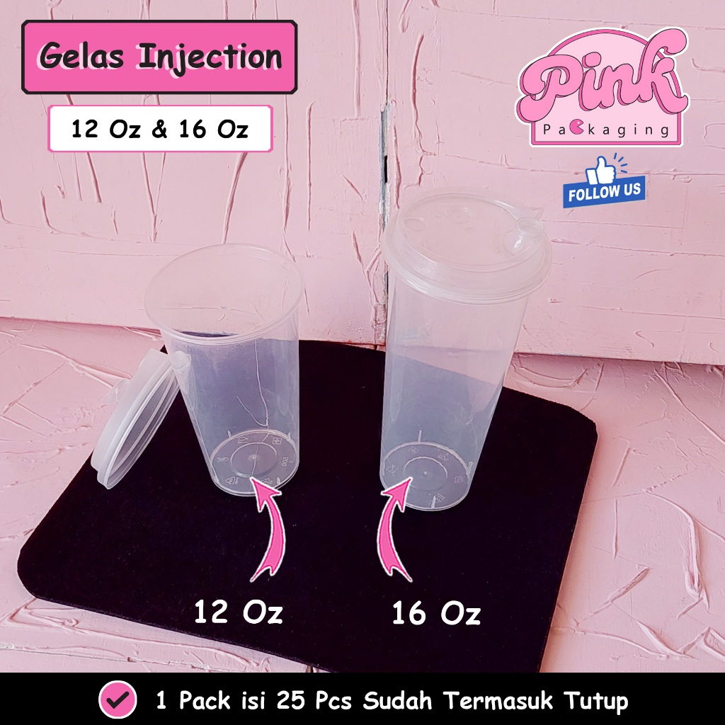 Gelas Injection Transparan Cup Coffee Teh 12 Oz & 16 Oz ( isi 25 pcs ) Pakai Tutup Cocok Kopi Juice