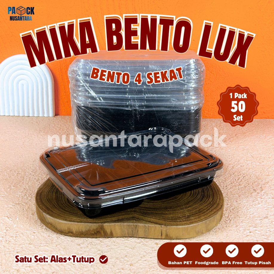 Mika Bento Lux Sekat 4 Set Alas+Tutup Bening Transparan Kotak Plastik Wadah Makanan Nasi Bento Bekal