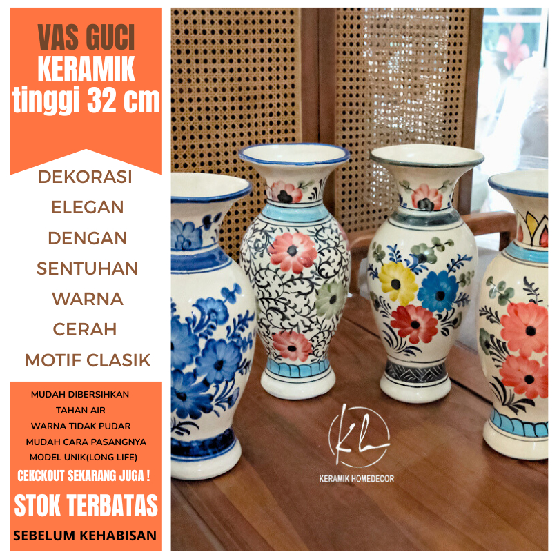 Vas guci keramik lukis hiasan meja ruang tamu estetik