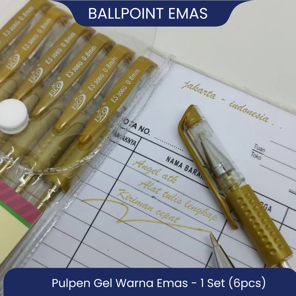 1 Set / Pulpen Tinta Emas 6 Pcs / Pulpen Gel Warna Emas / Ballpoint Emas