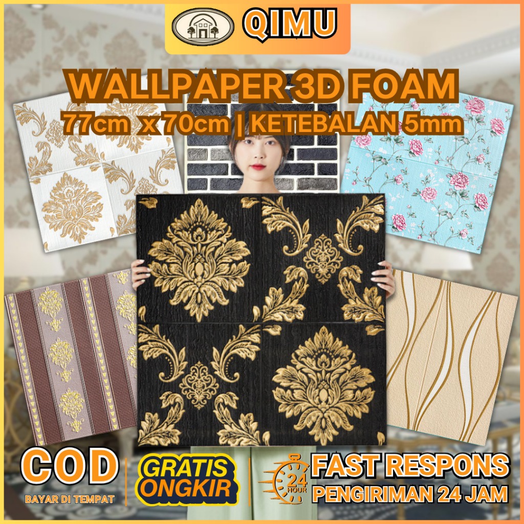 70CMX70CM WALLPAPER DINDING STIKER Motif Batik Bunga Salur Batu Bata Ekspose 3D Foam Aesthetic Wallp