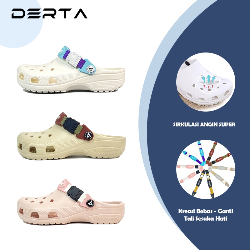 DERTA Classic Clog Sandal Baim Wanita Tali Tukar Fuji Slip On Kekinian Dekor Kodok 3D Nyaman Size 36