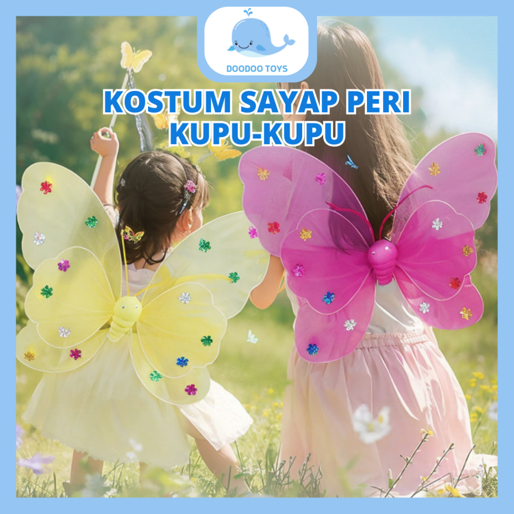 Doodoo Toys - Mainan Anak Perempuan Kostum Peri Sayap Kupu Kupu Set Lengkap Rok Tongkat Bando LED