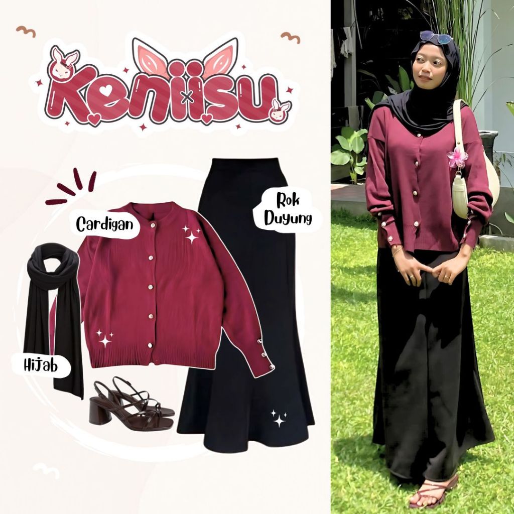 oneset 3in1 cardigan + rok duyung + pasmina jersey | ootd outfit cewek wanita anak perempuan remaja 
