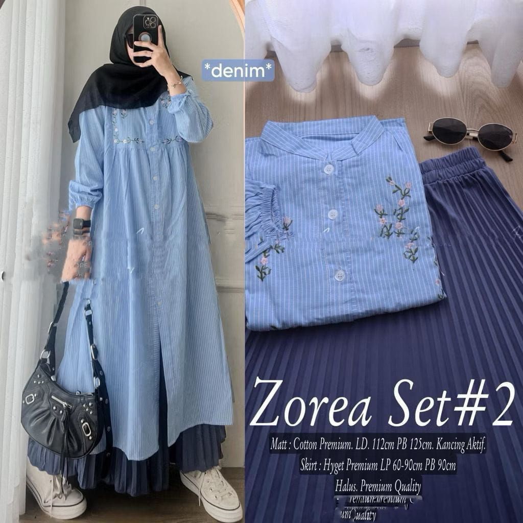 Zorea Set Rok Atasan Tunik katun Cotton Cantik Bawahan Plisket Polos Baju Setelan Wanita Muslim Fash