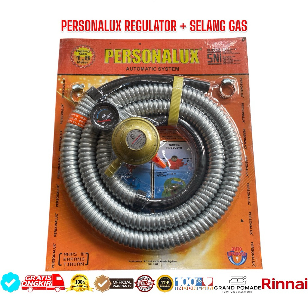 Regulator Gas PERSONALUX + Selang 1.8 Meter SNI | Anti Bocor Otomatis Aman untuk Kompor LPG