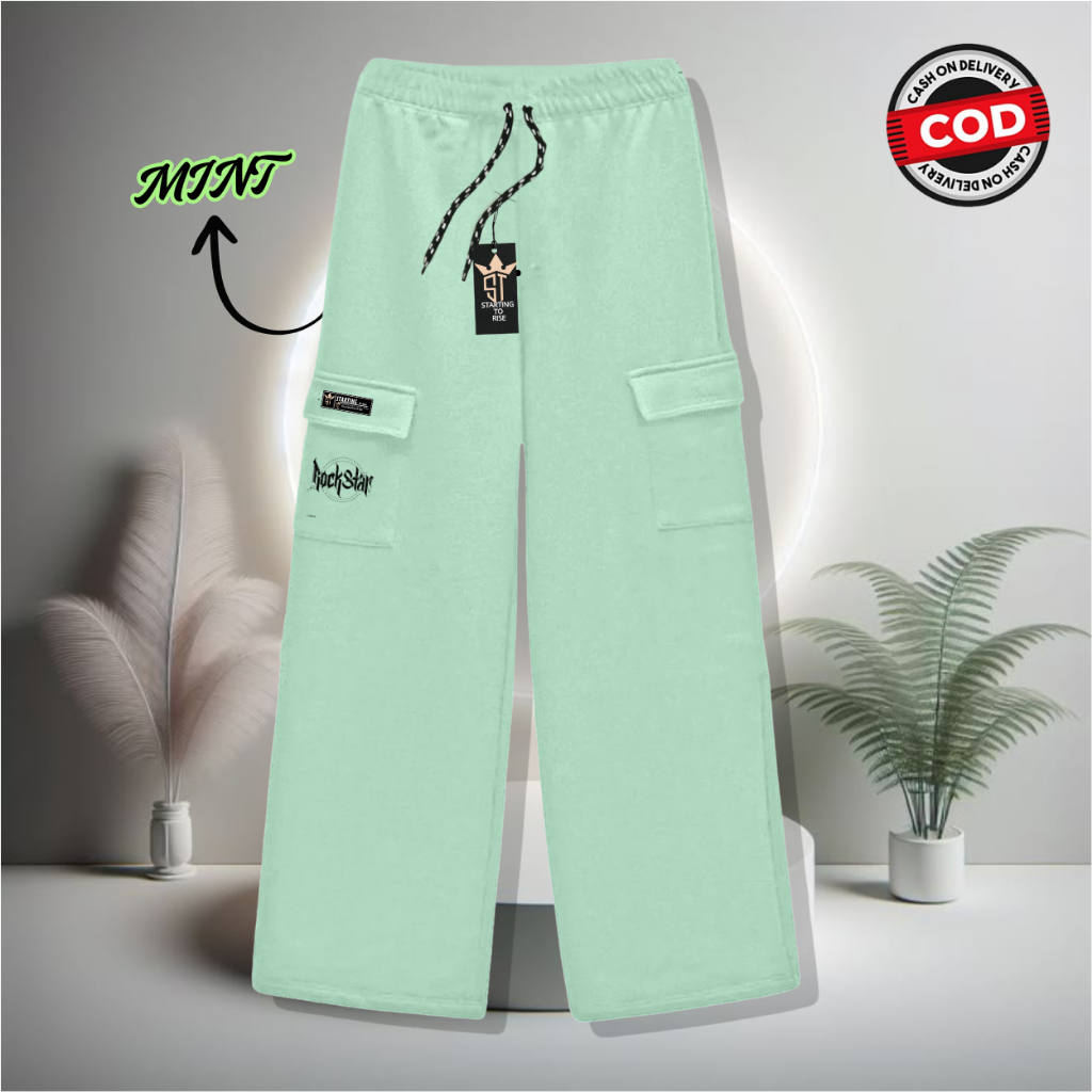 NEW STARTING TO RISE Celana panjang Cargo Bahan Fleece Longs Pants Motif Rockstar Celana Cargo Panja