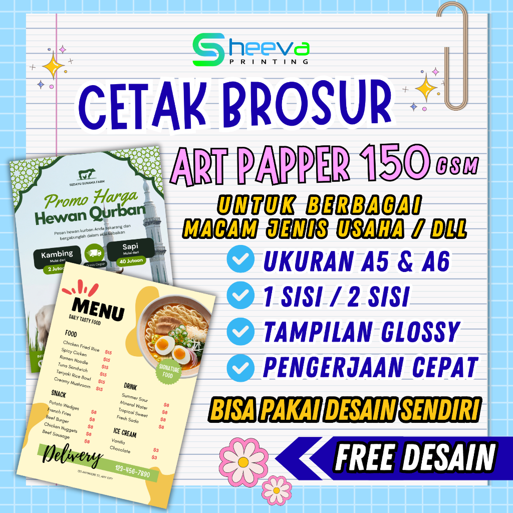 Sheevaprinting - Jasa Cetak / Print Brosur Ukuran A5 A6 | Bahan Artpaper 150 gsm Glossy | Free Desai