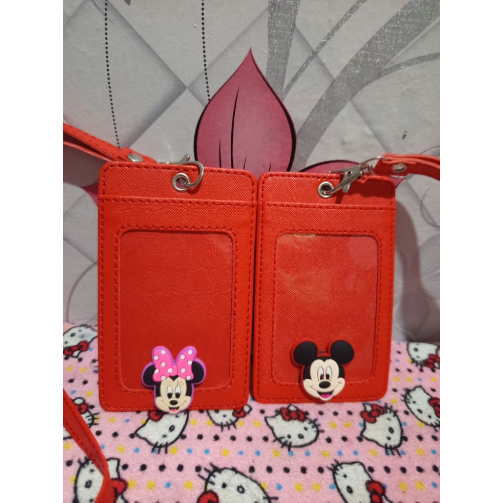 Name tag Id card kalung karakter Mickey Minnie bahan kulit sintetis